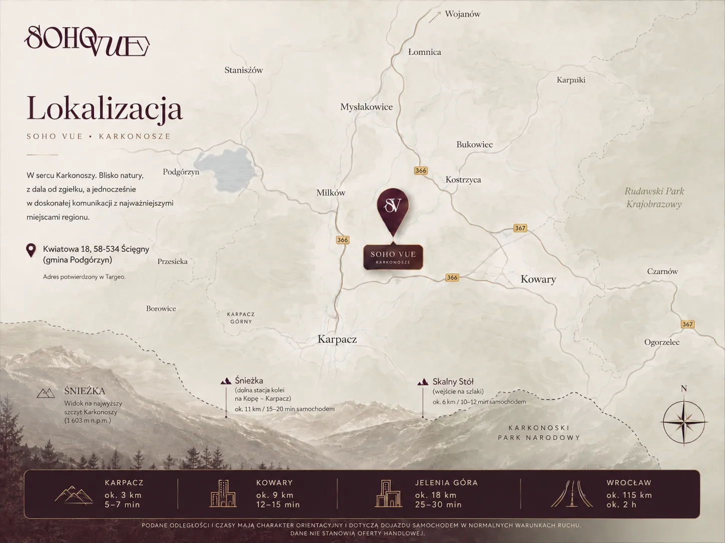 Mapka okolicy: położenie SOHO VUE względem Karpacza i Karkonoszy